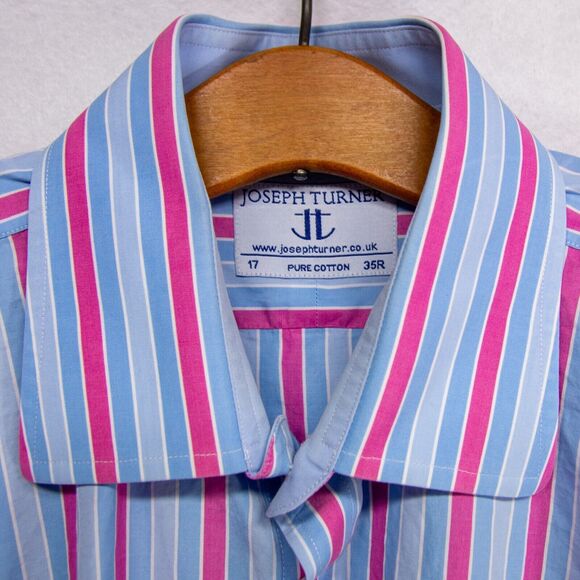 Men's XL Dress Shirt JOSEPH TURNER UK Blue Pink Striped Long Sleeve Pure Cotton - Picture 3 of 3